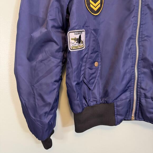 Airborne Fried Denim Bomber Jacket M Blue Flight Airplane Pilot Patches Full Zip - Picture 6 of 9